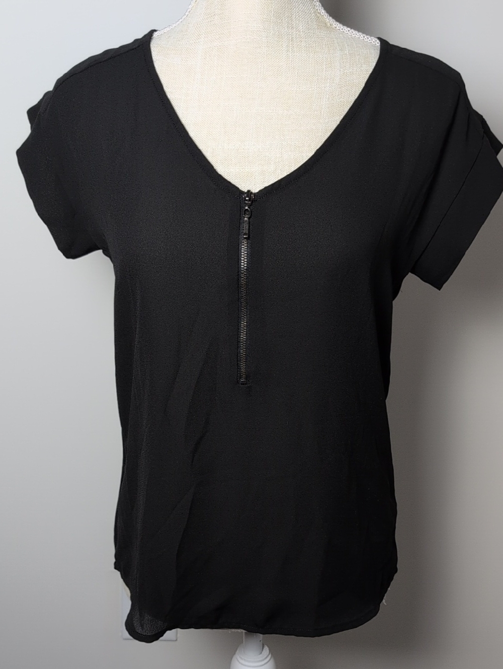 My Michelle Black V-Neck Zip-Front Blouse